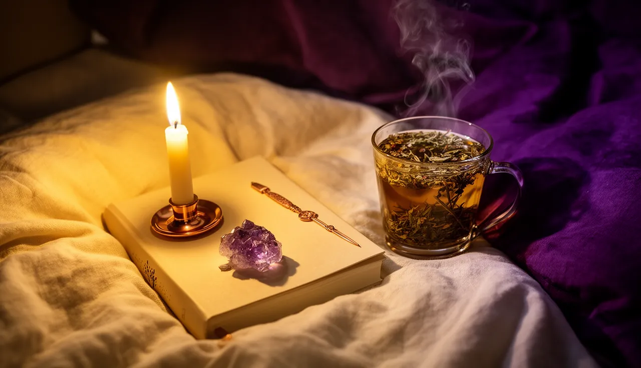 Evening sacred sleep ritual setup with lit candle, journal and headphones beside bed