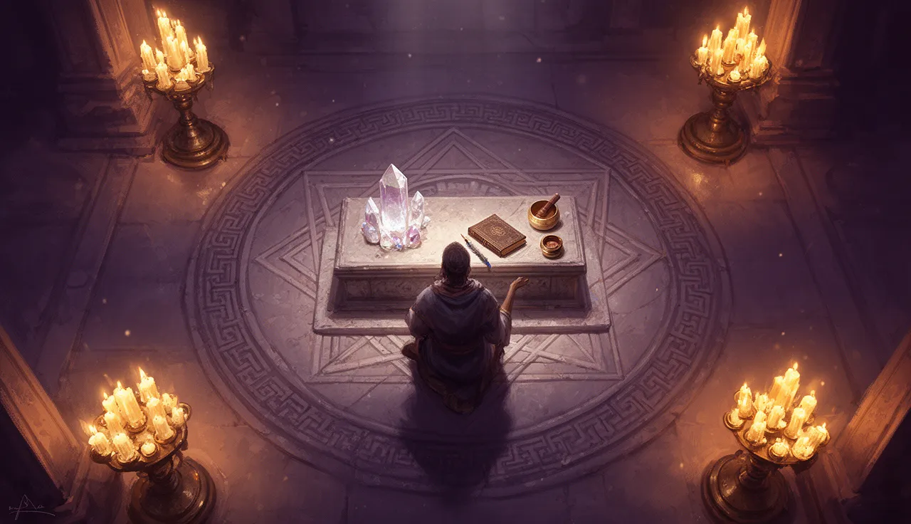 Abundance ritual altar with crystals, journal, and sacred oracle cards