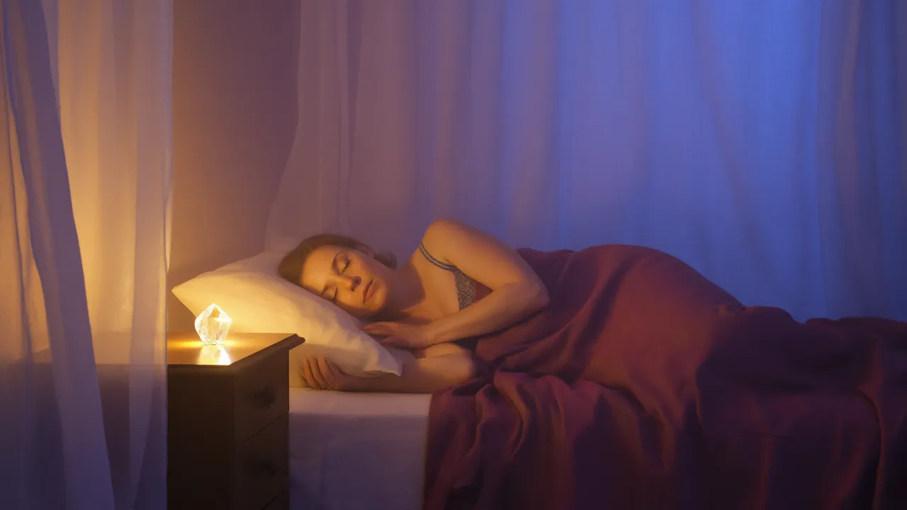 Woman resting peacefully with headphones in dim candlelit bedroom for binaural beat sleep practice