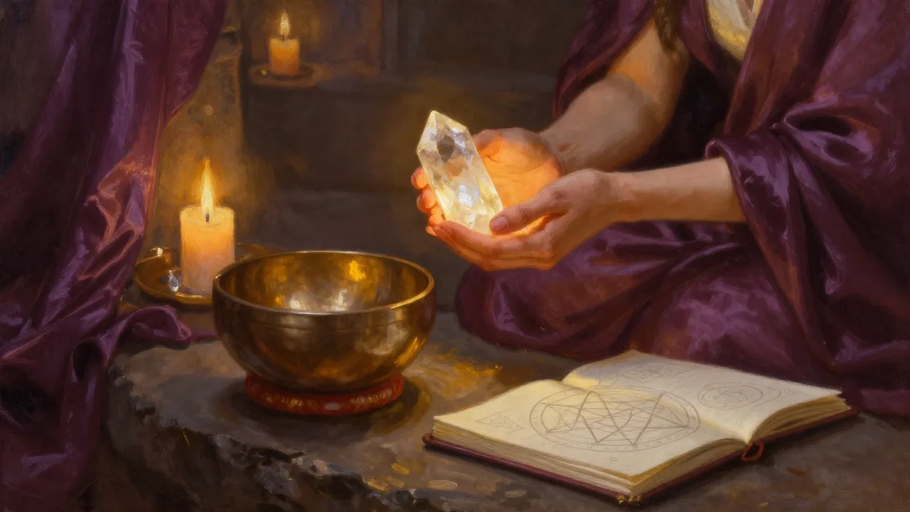 Illustrated ritual guide pages showing frequency charts and intention practices