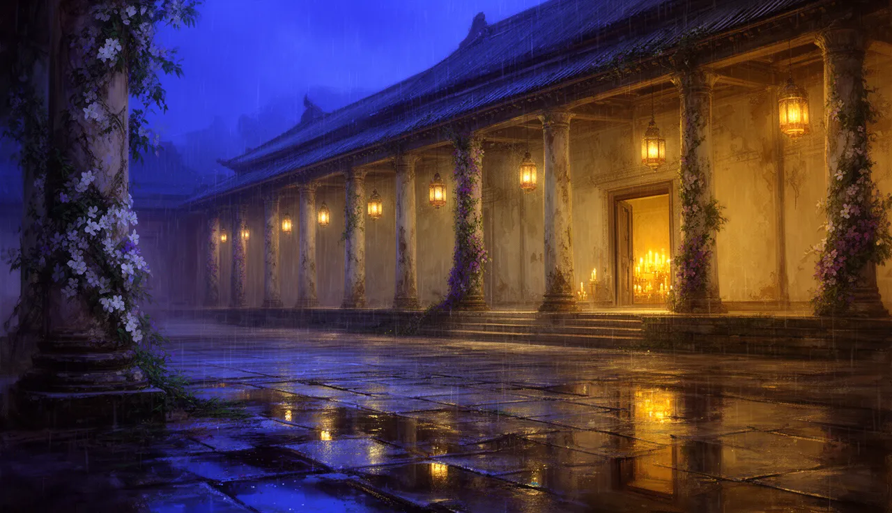 Evening rest ritual scene: dark bedroom with glowing amethyst crystal and warm bedside light